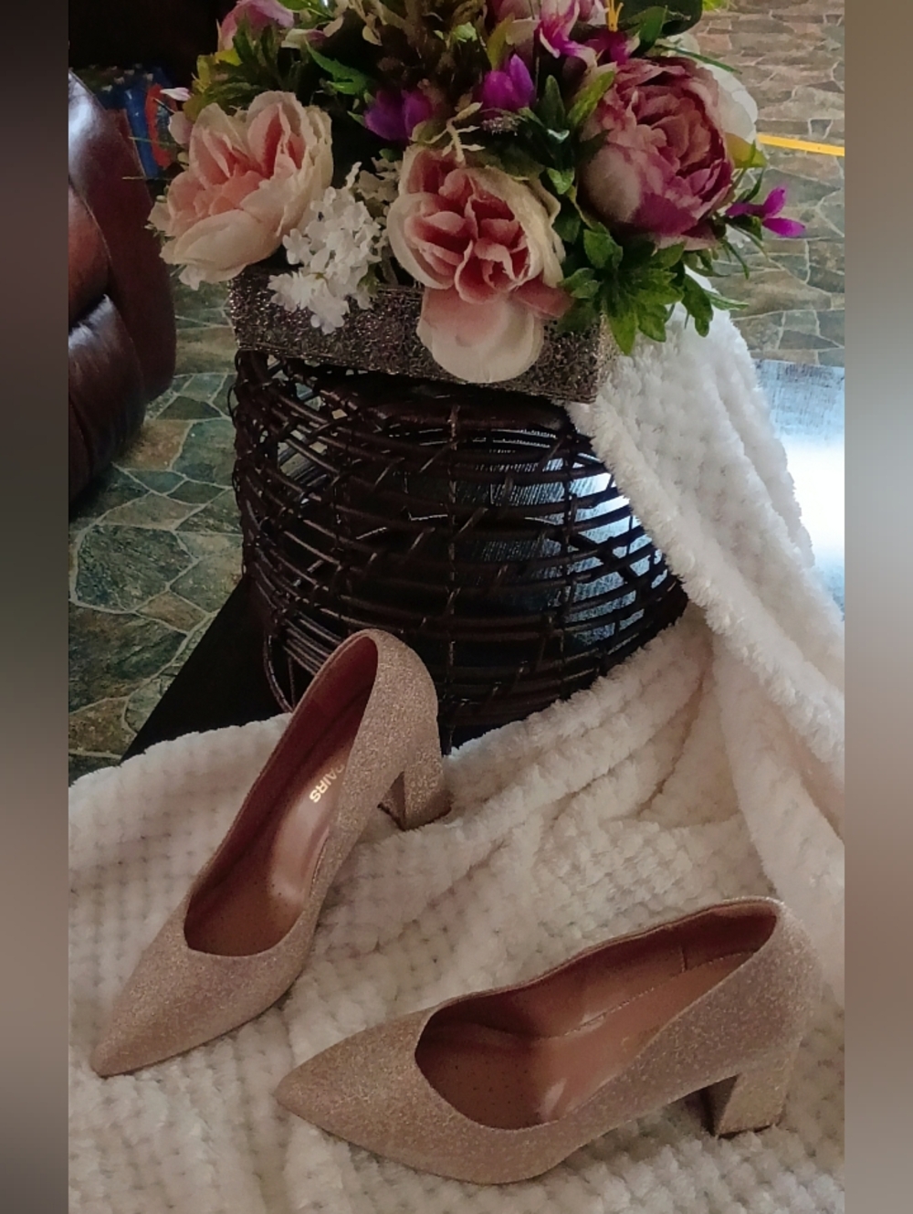 Glitter Block Heel Pumps in Blush Pink